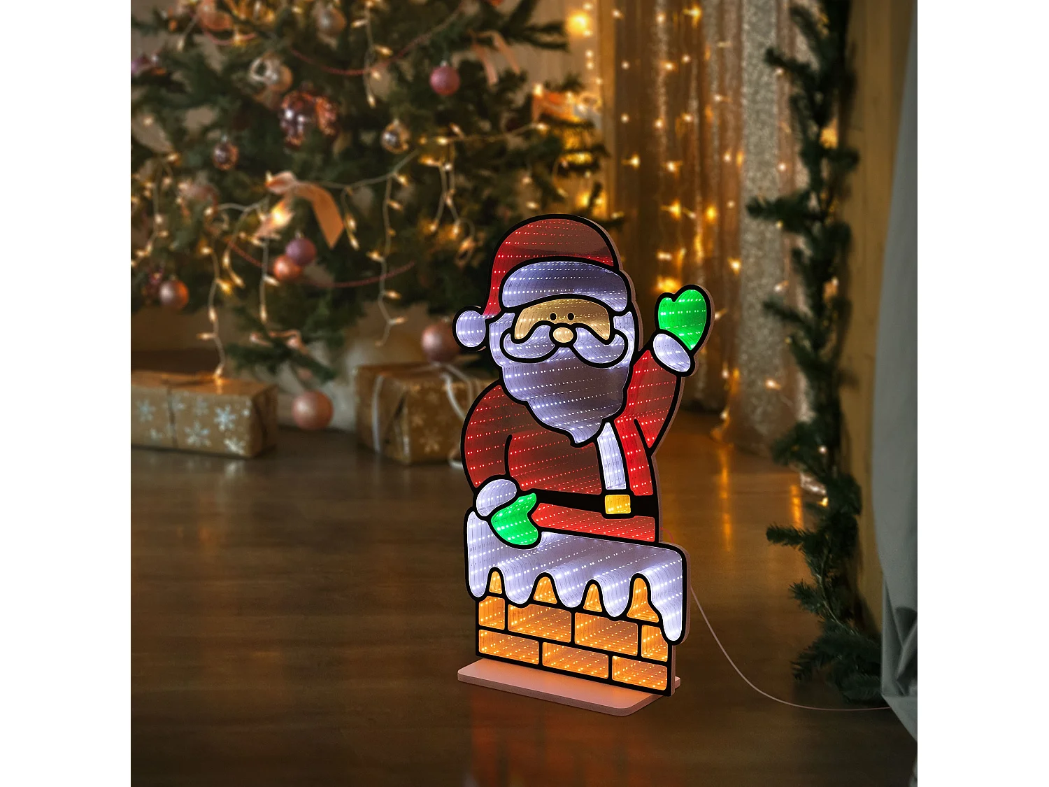 ECD Germany Decoración de Navidad, papá Noel LED efecto espejo infinito adorno navideño para interiores, lámpara iluminada por ambos lados 38x60 cm