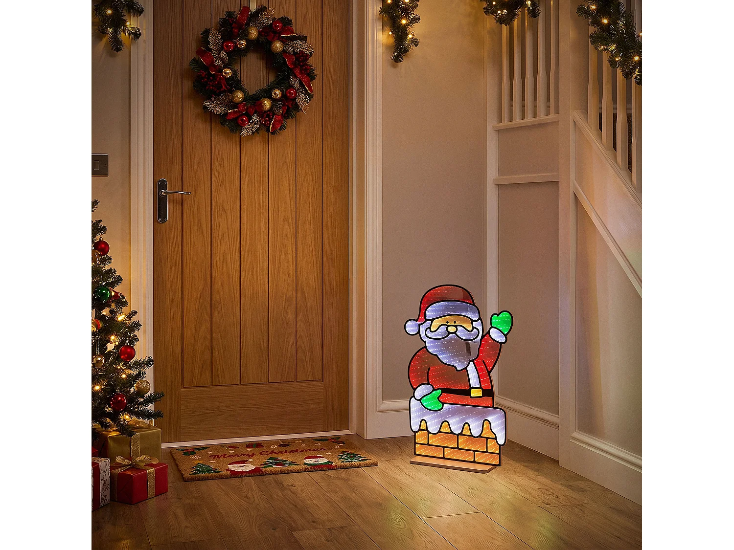 ECD Germany Decoración de Navidad, papá Noel LED efecto espejo infinito adorno navideño para interiores, lámpara iluminada por ambos lados 38x60 cm