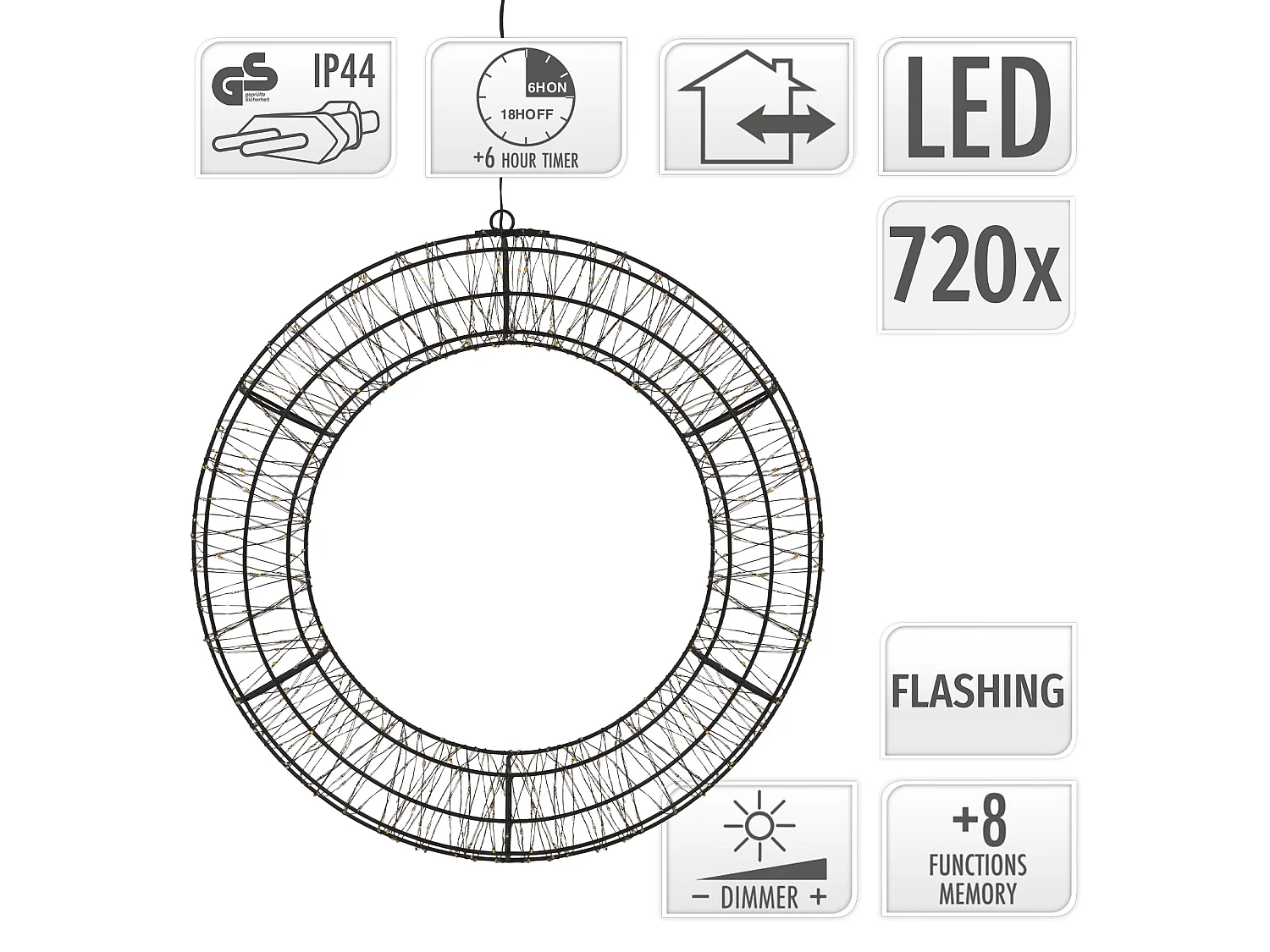 Couronne lumineuse de Noël LED Ø 50 cm décoration suspendue, anneau lumineux en métal, 720 LED blanc chaud, minuterie, íntérieur et extérieur, IP44