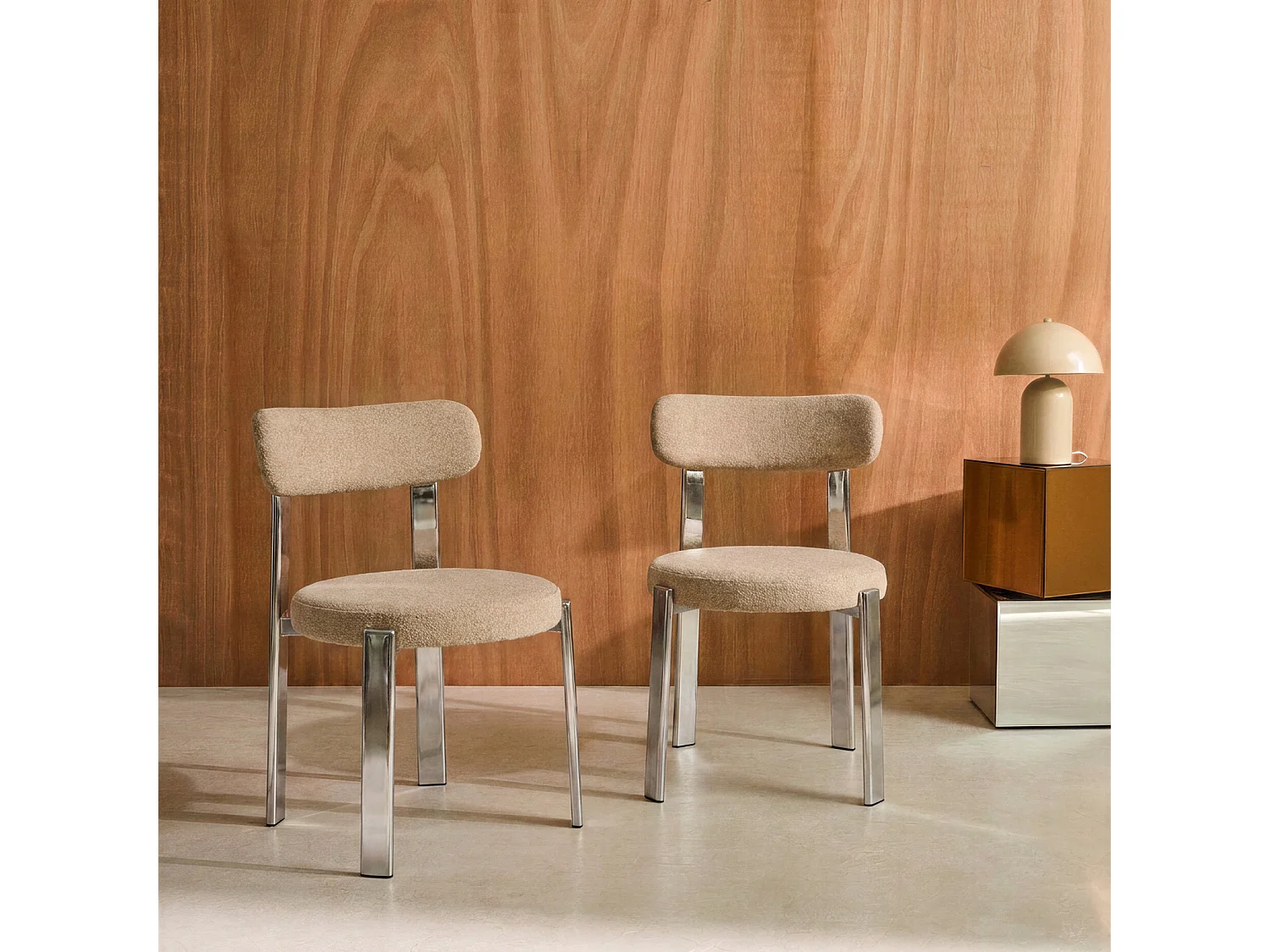 Set di 2 sedie vintage in acciaio cromato e tessuto strutturato, Gloria, Grigio perlato, 55x48x79 cm
