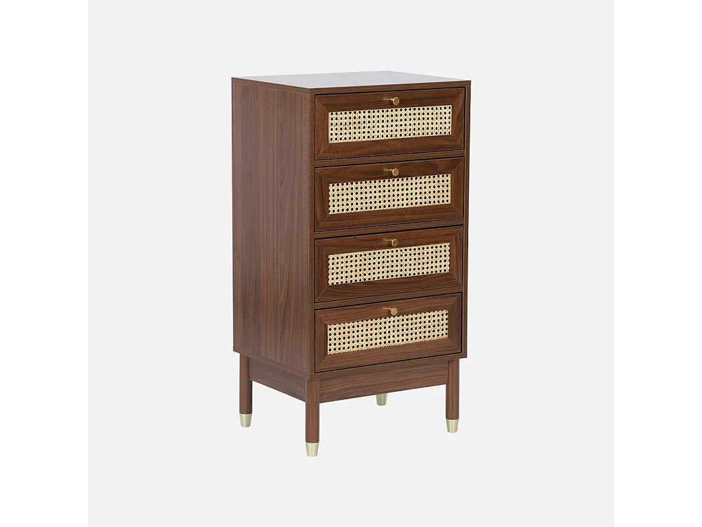 Chiffonnier décor bois et cannage 4 tiroirs teinte noyer - Judith