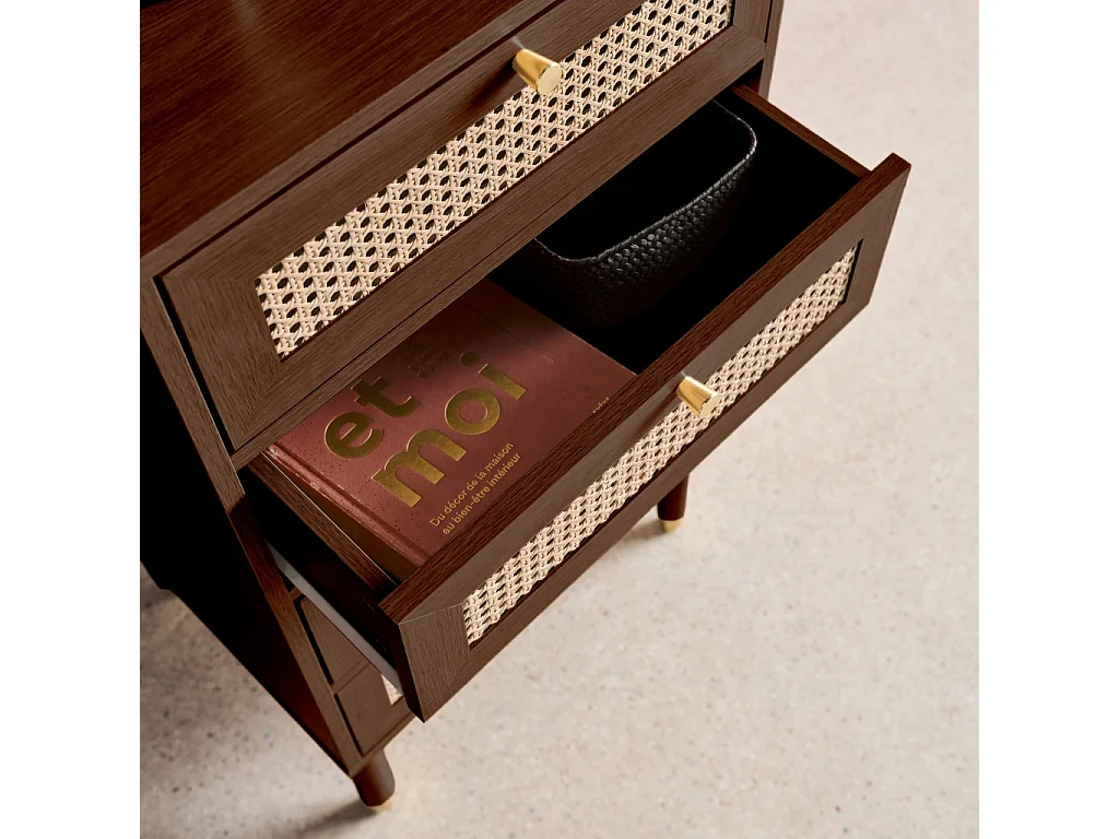 Chiffonnier décor bois et cannage 4 tiroirs teinte noyer - Judith