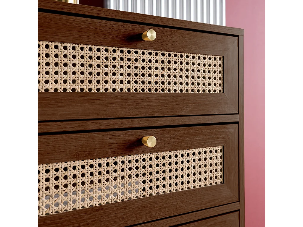 Chiffonnier décor bois et cannage 4 tiroirs teinte noyer - Judith