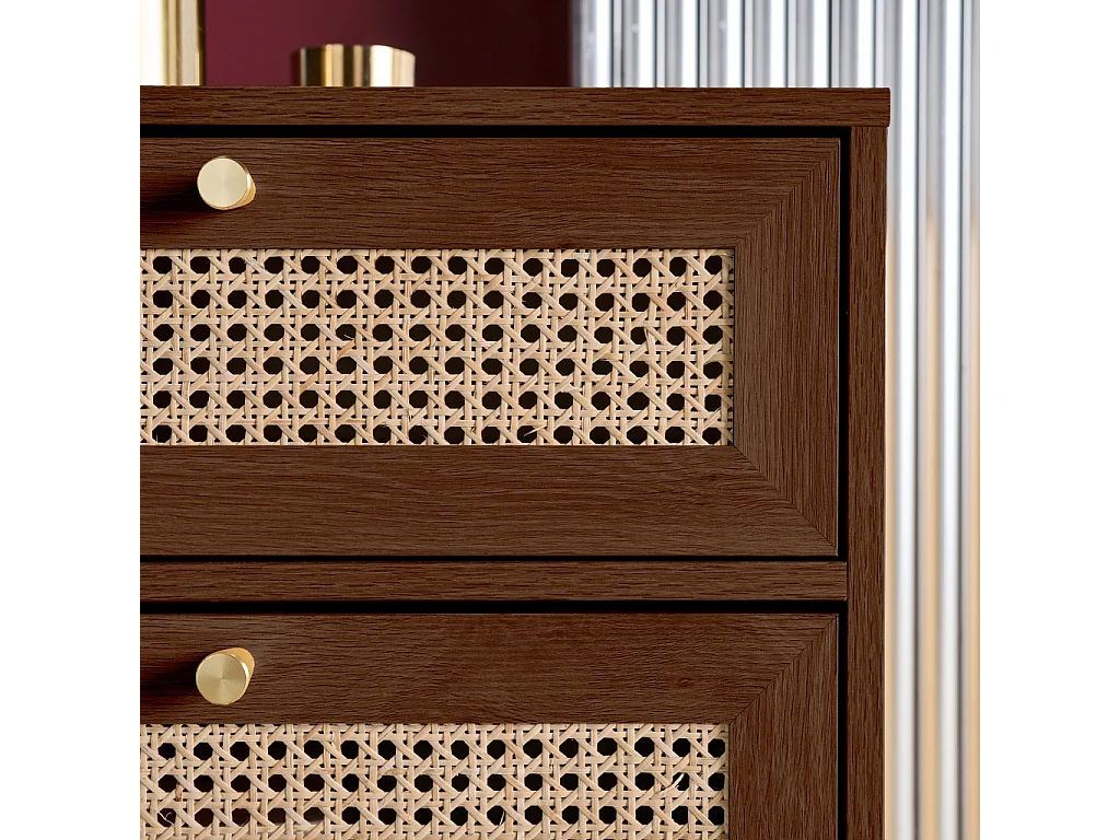 Chiffonnier décor bois et cannage 4 tiroirs teinte noyer - Judith