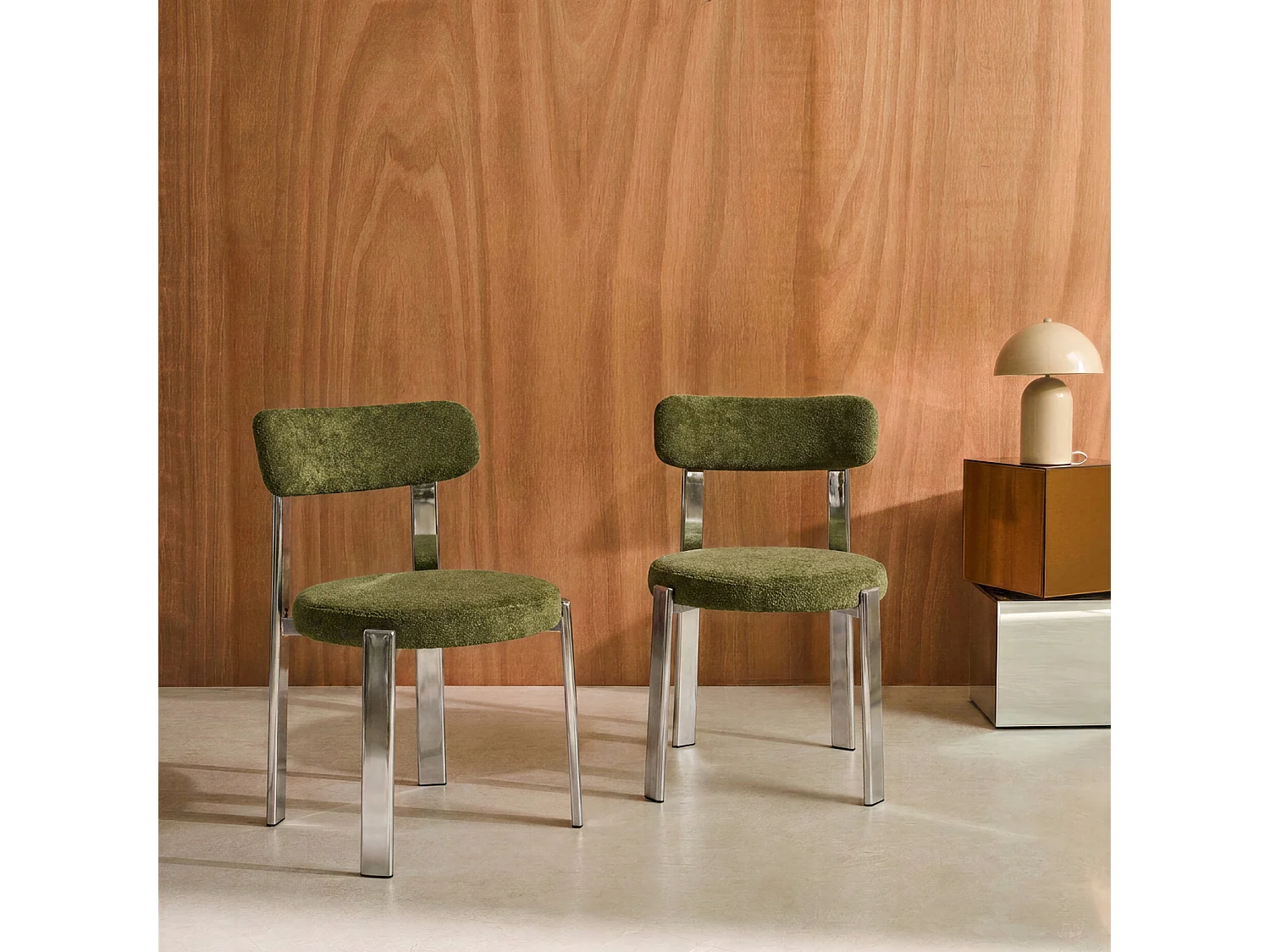 Set di 2 sedie vintage in acciaio cromato e tessuto strutturato, Gloria, Grigio perlato, 55x48x79 cm