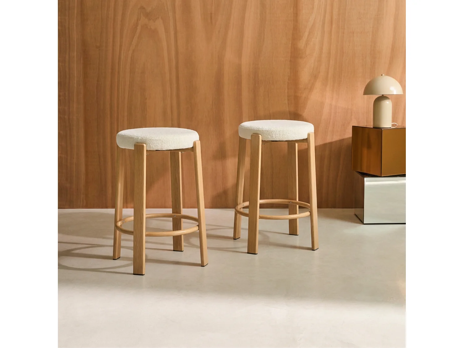 Lot de 2 tabourets de bar vintage acier effet bois clair et tissu texturé crème - Gloria