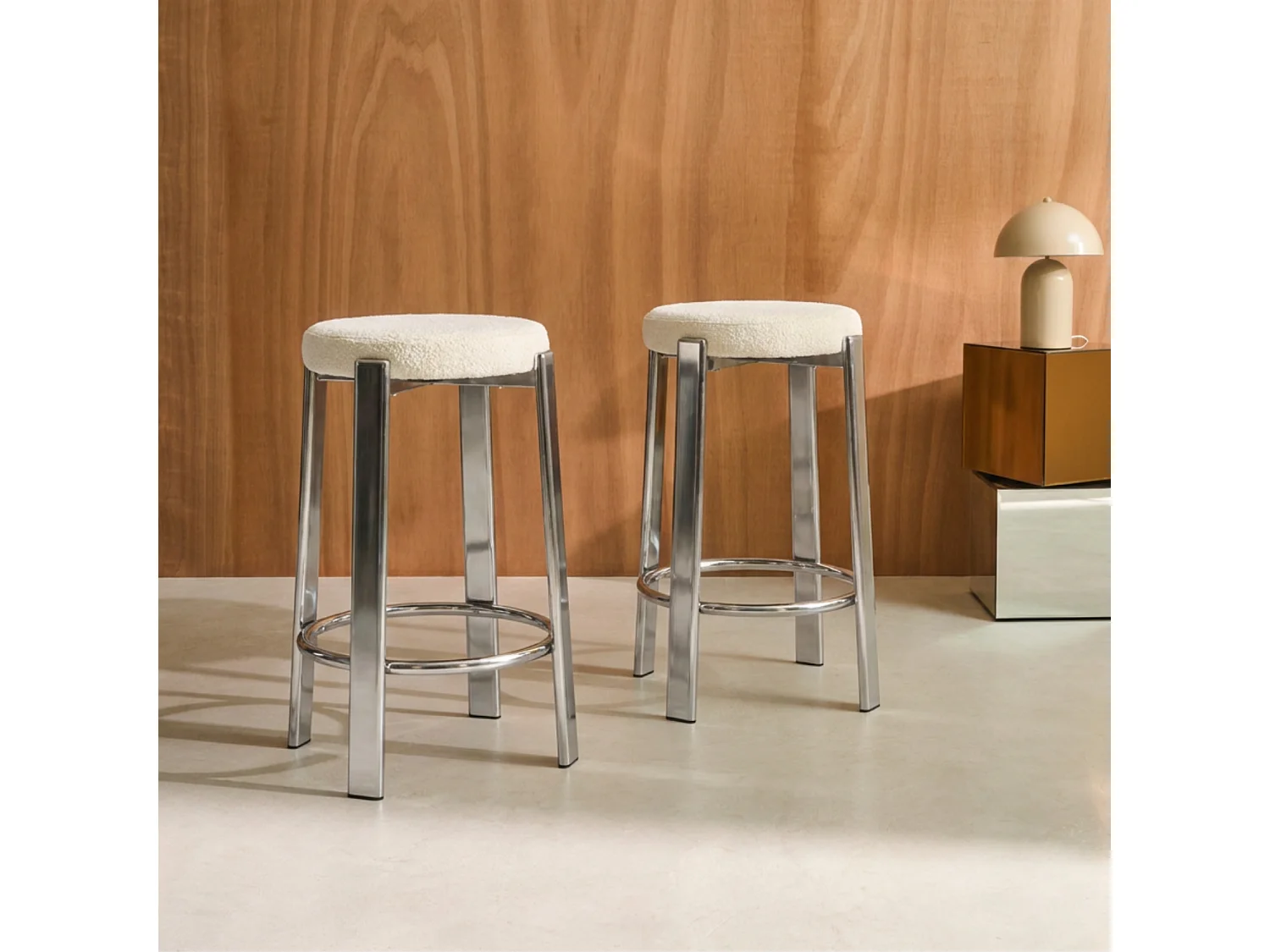 Lot de 2 tabourets de bar vintage acier chromé et tissu texturé crème - Gloria