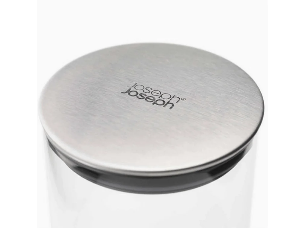Podium™ Joseph Joseph, set de 5 bocaux en verre pour rangement, accès facile, couvercles hermétiques et design empilable, acier inoxydable gris.