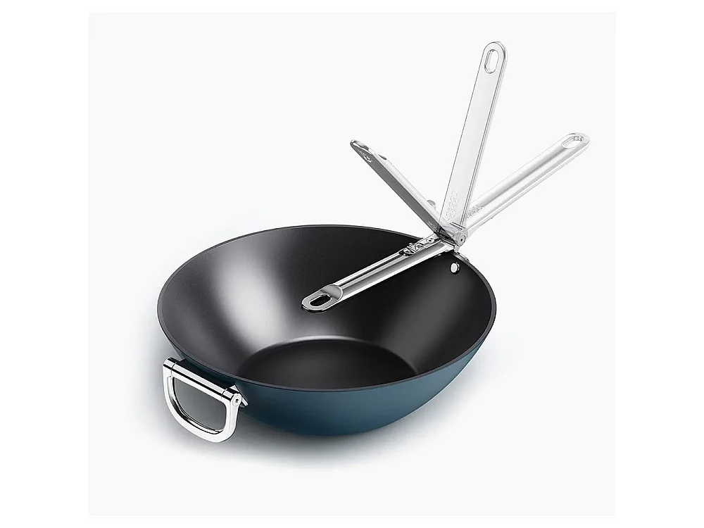 Wok antiadherente Joseph Joseph Space 32 cm, mango plegable, apto para inducción y horno 232 °C, fácil de guardar y cocinar sano.
