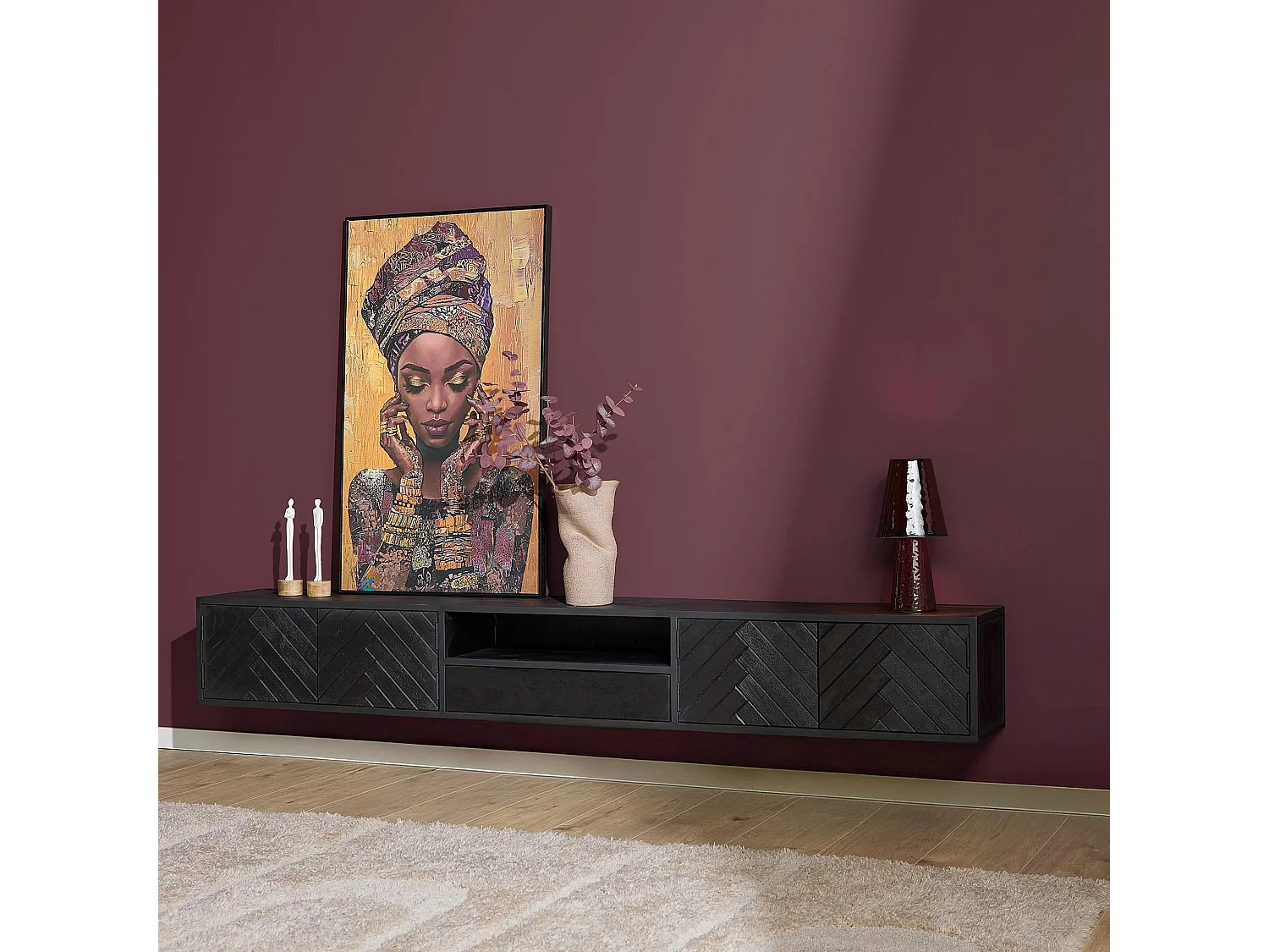 Meuble TV suspendu bois noir 4 portes 200 cm ALVERA