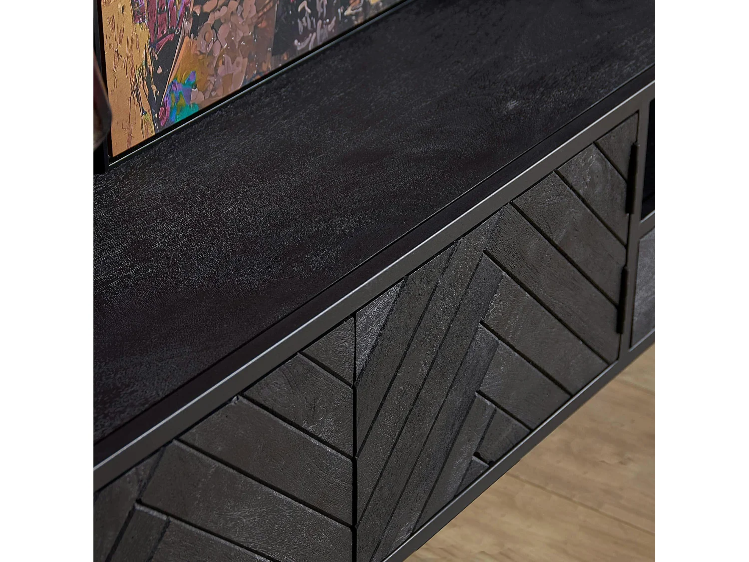Meuble TV suspendu bois noir 4 portes 200 cm ALVERA