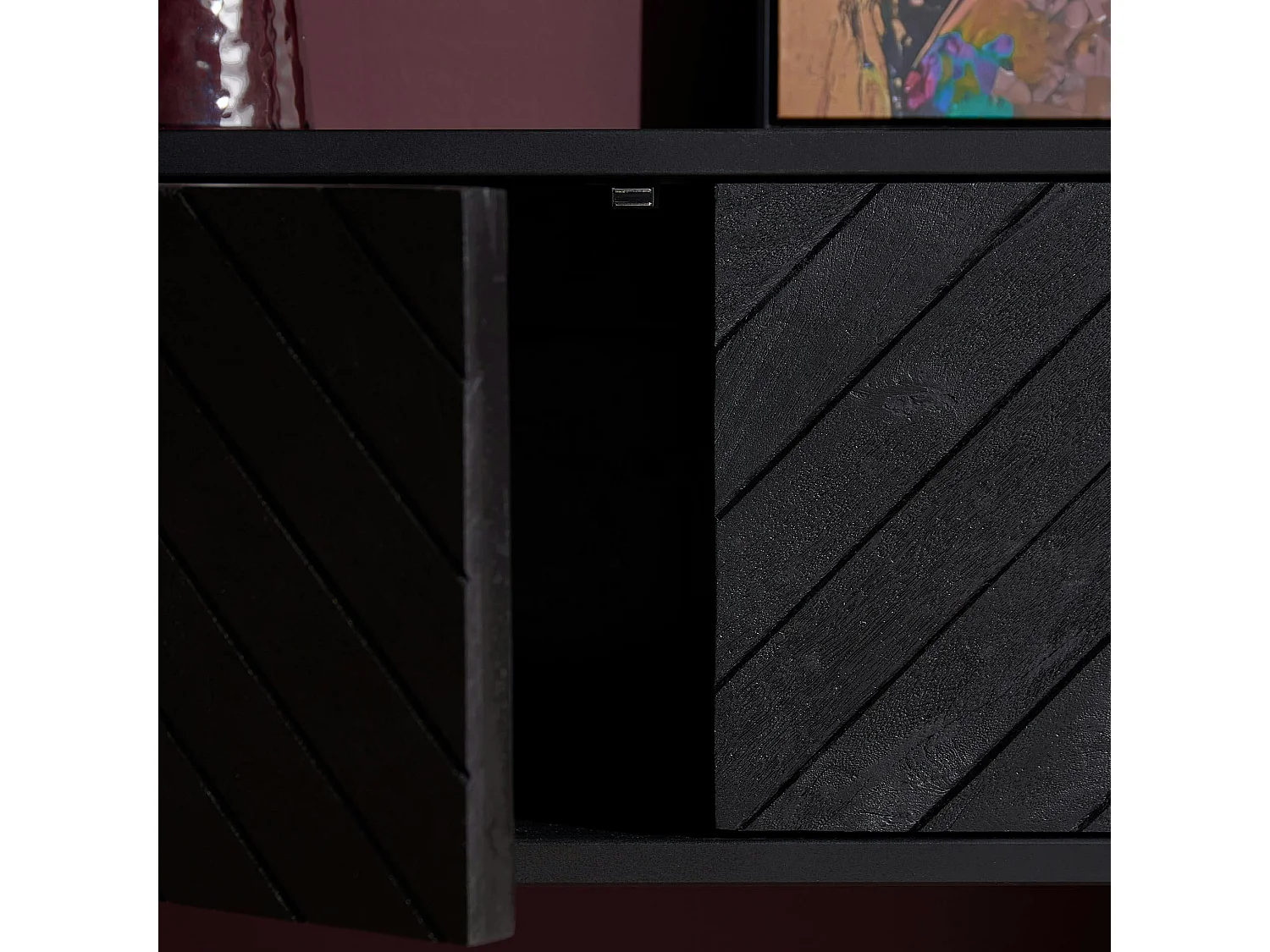 Meuble TV suspendu bois noir 4 portes 200 cm ALVERA