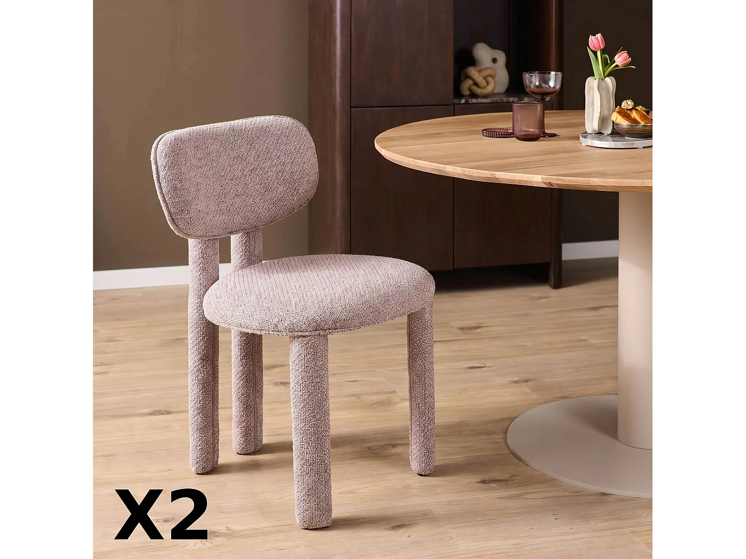 Chaise en tissu rose à pieds ronds (x2) CORTINA