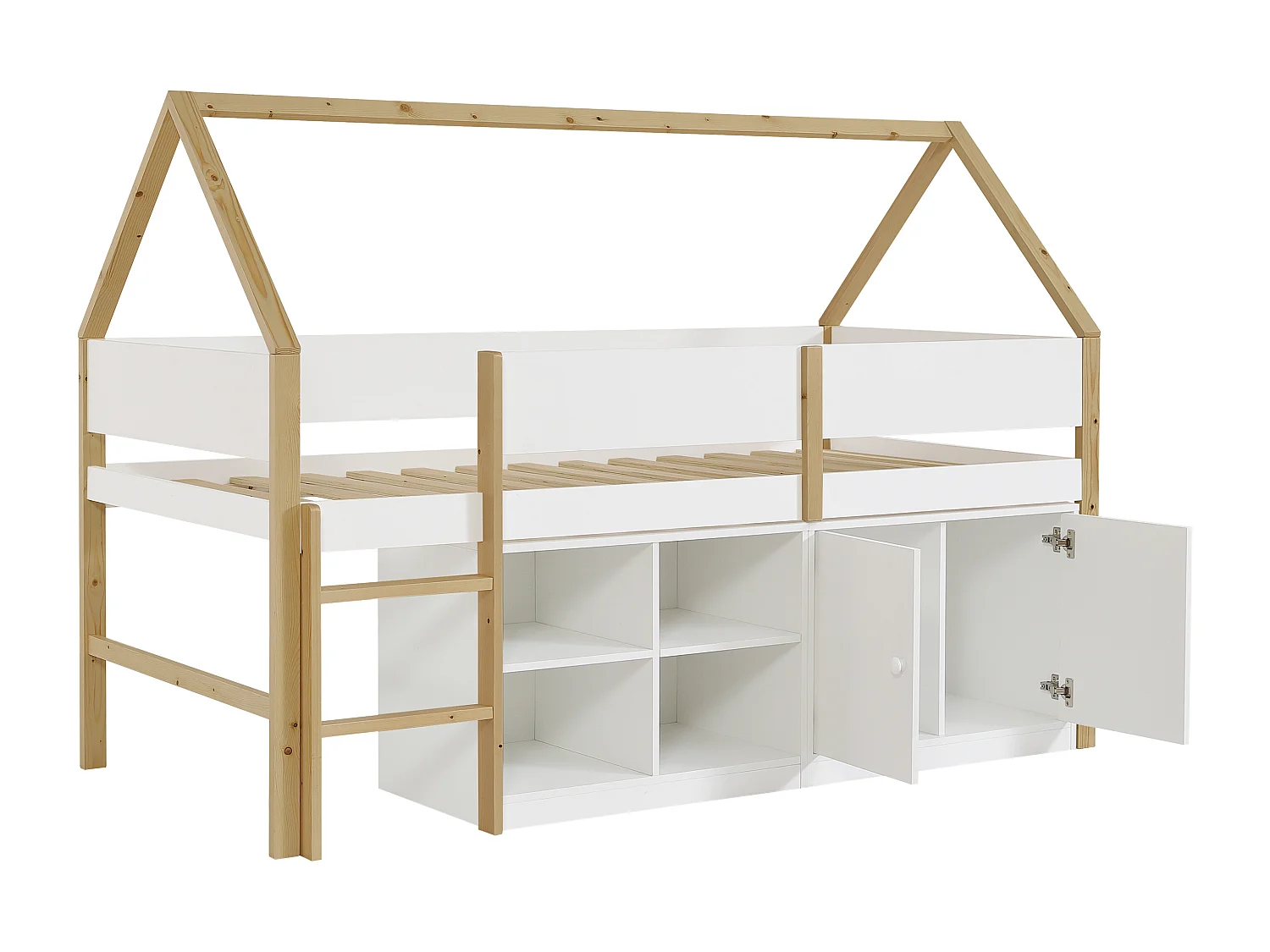 Lit mi-hauteur cabane 90 x 190 cm – Avec rangements – Pin et MDF – Blanc et naturel + Matelas – NAVADY