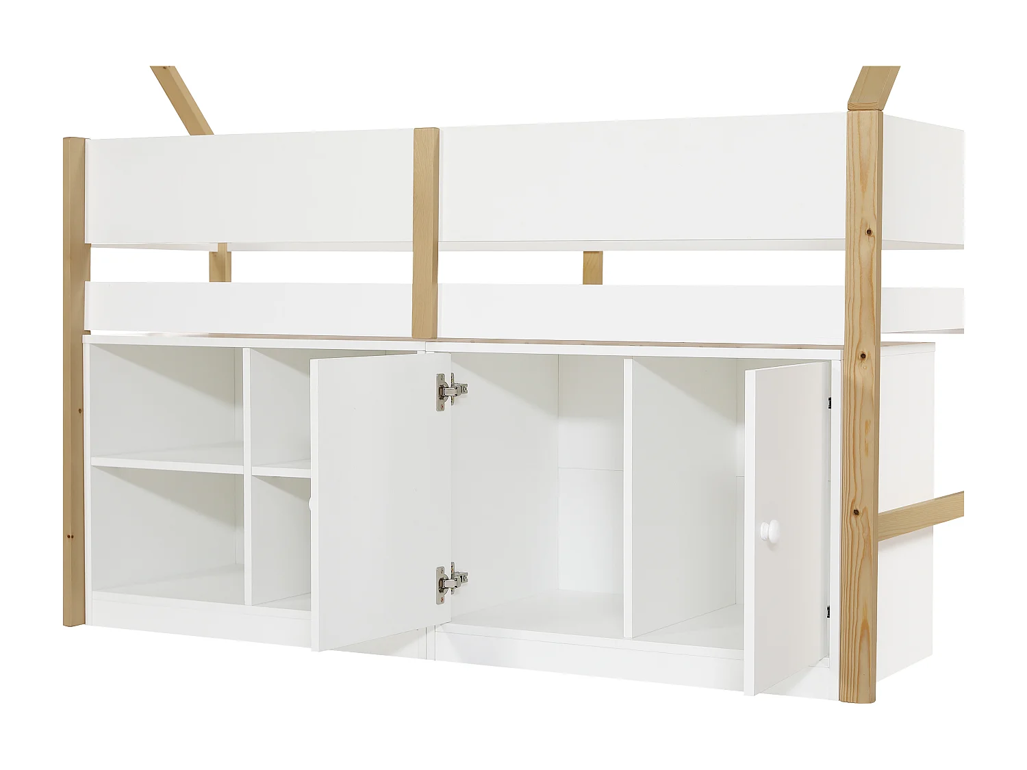 Lit mi-hauteur cabane 90 x 190 cm – Avec rangements – Pin et MDF – Blanc et naturel + Matelas – NAVADY