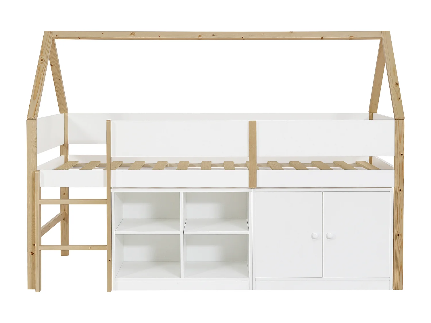 Lit mi-hauteur cabane 90 x 190 cm – Avec rangements – Pin et MDF – Blanc et naturel + Matelas – NAVADY