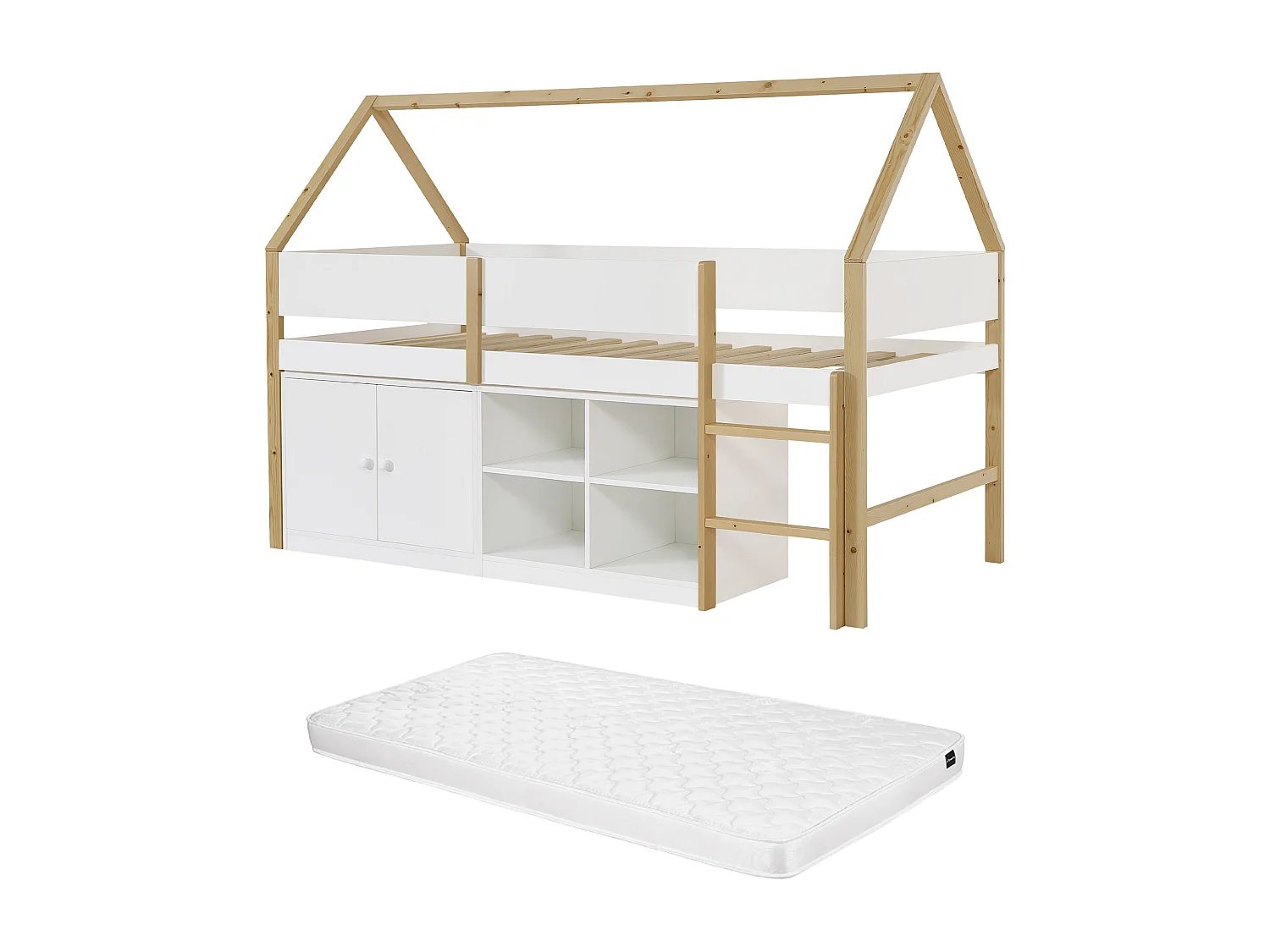 Lit mi-hauteur cabane 90 x 190 cm – Avec rangements – Pin et MDF – Blanc et naturel + Matelas – NAVADY