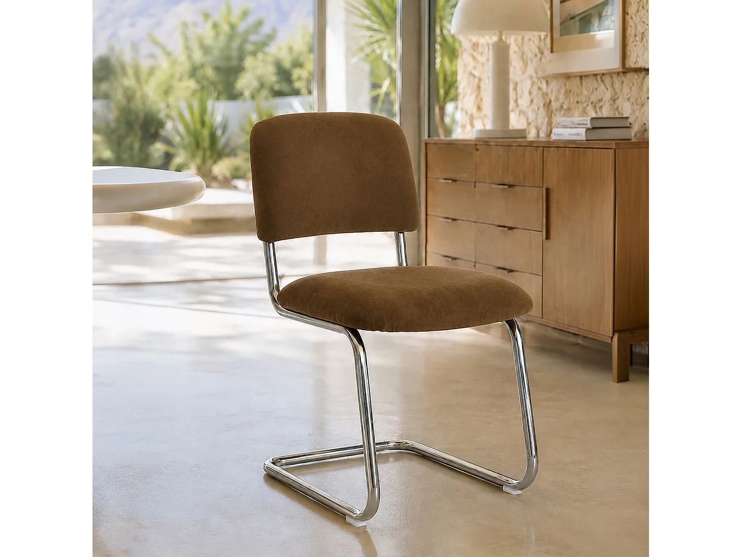 Now's Home - Ens Table Ovale 220cm Effet Ciment + 6 Chaises En Tissu Tabac Feline