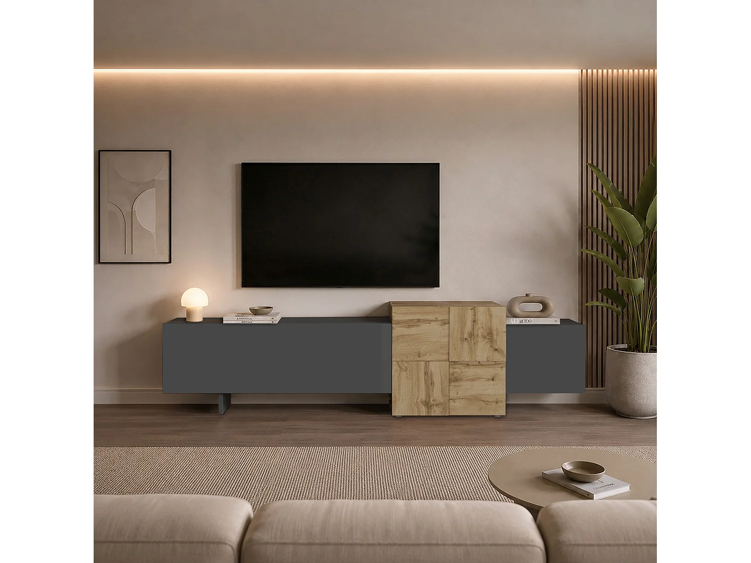 Mueble TV Nexos de suelo o suspendido con 3 puertas antracita/roble 210x40x50 cm