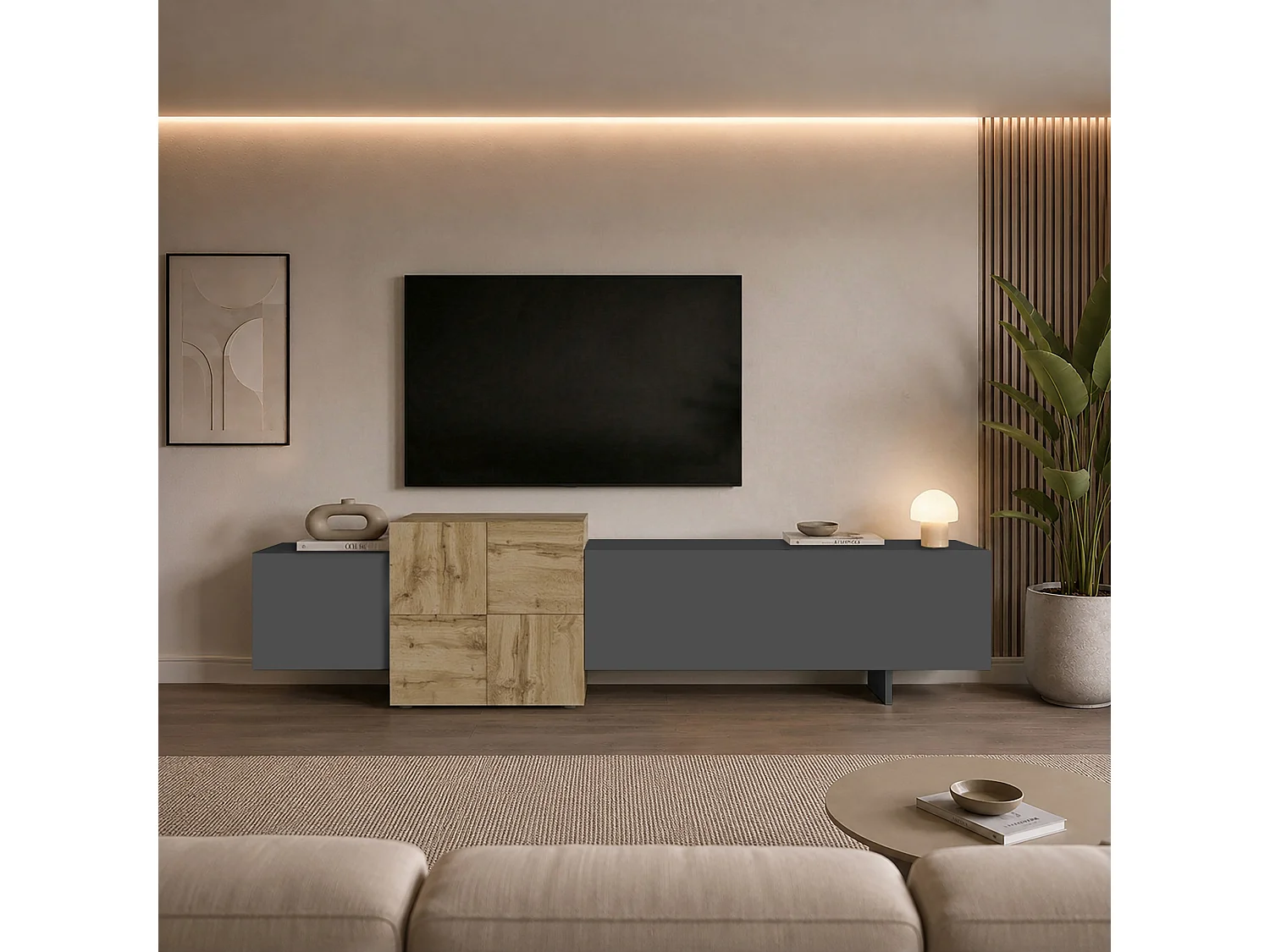 Mueble TV Nexos de suelo o suspendido con 3 puertas antracita/roble 210x40x50 cm