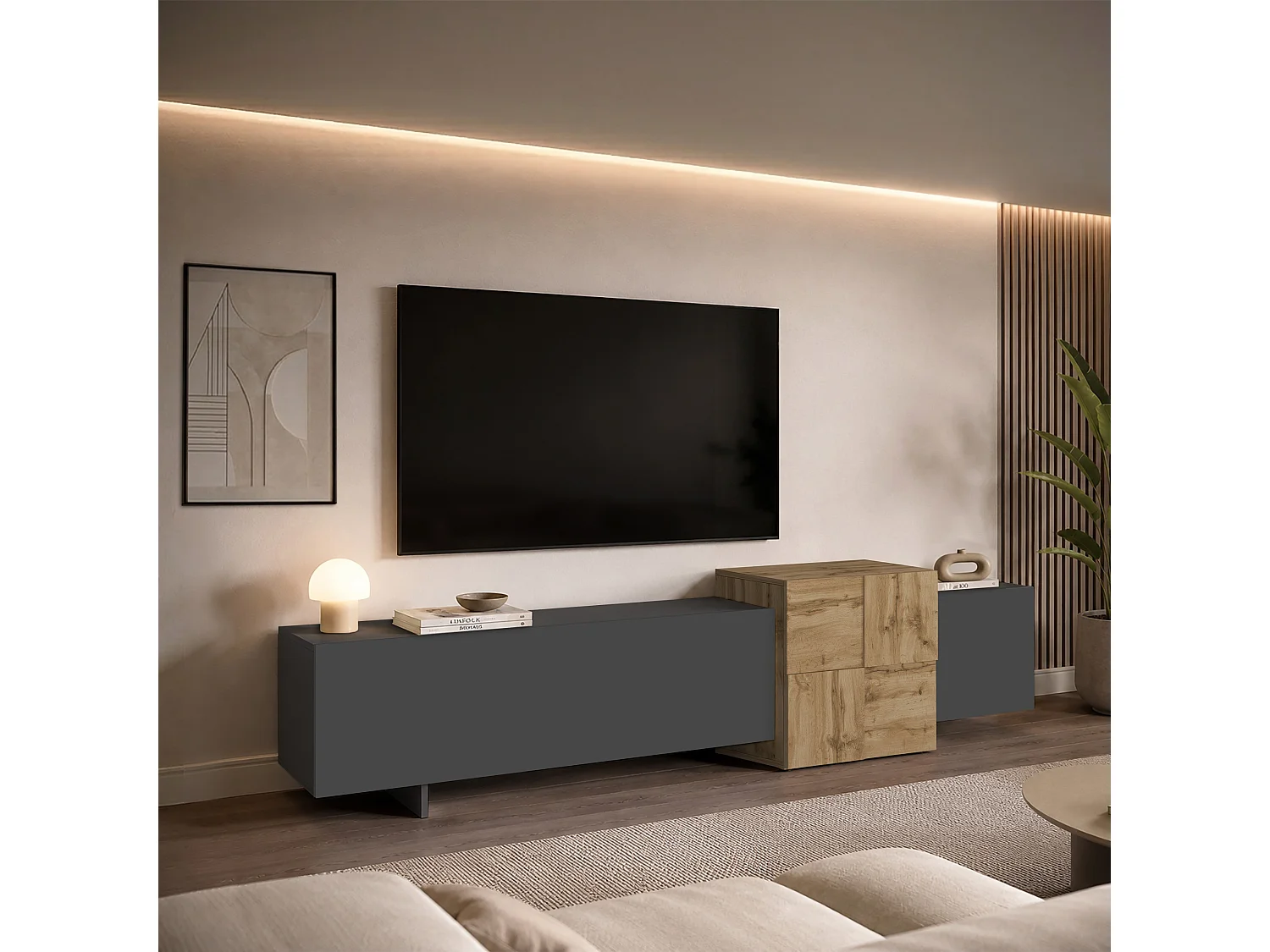 Mueble TV Nexos de suelo o suspendido con 3 puertas antracita/roble 210x40x50 cm