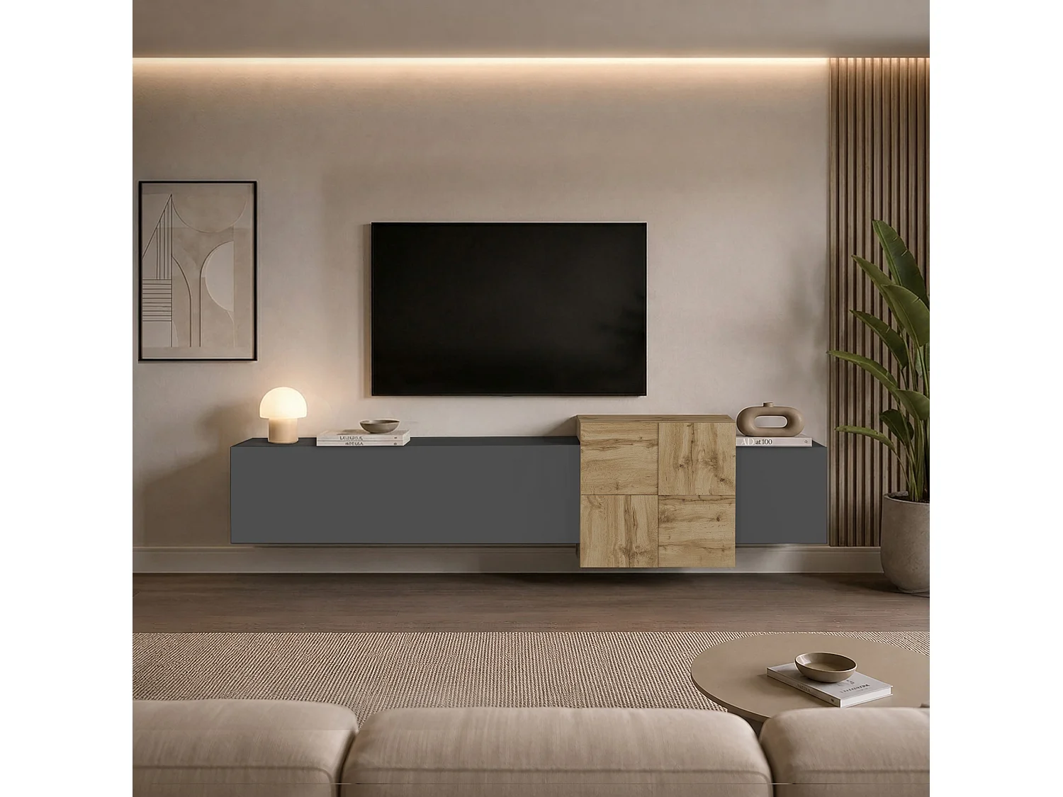 Mueble TV Nexos de suelo o suspendido con 3 puertas antracita/roble 210x40x50 cm