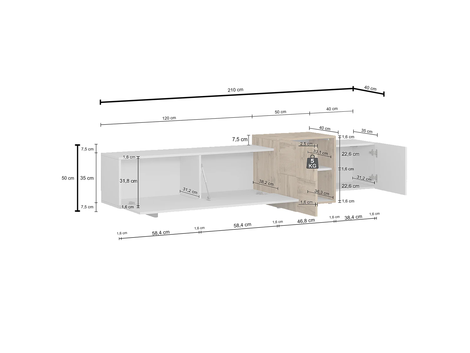 Mueble TV Nexos de suelo o suspendido con 3 puertas antracita/roble 210x40x50 cm