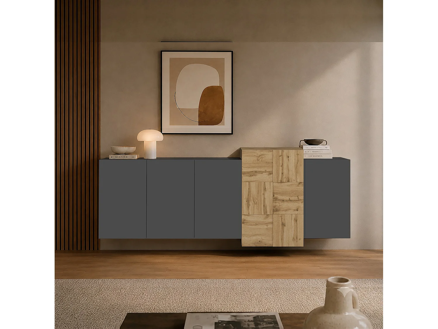 Aparador grande Nexos de suelo o suspendido 5 puertas antracita mate/roble 210x40x75 cm