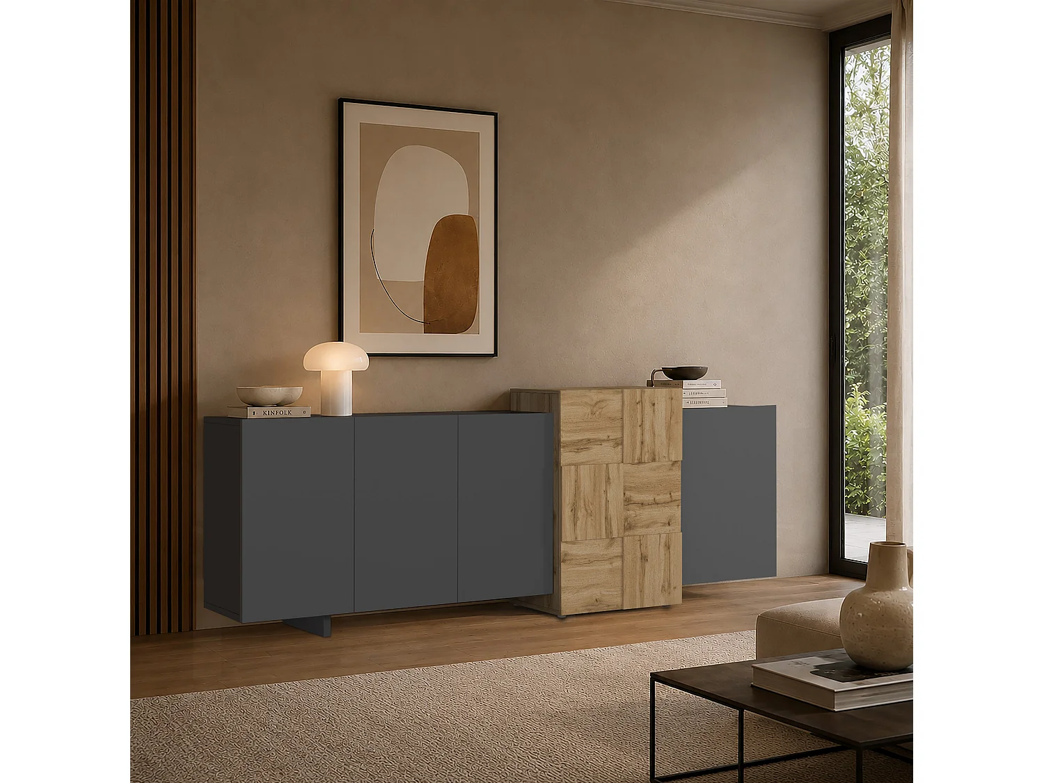 Aparador grande Nexos de suelo o suspendido 5 puertas antracita mate/roble 210x40x75 cm