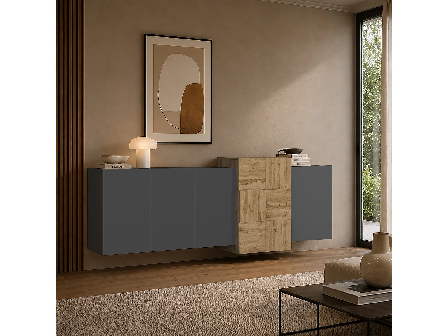Aparador grande Nexos de suelo o suspendido 5 puertas antracita mate/roble 210x40x75 cm