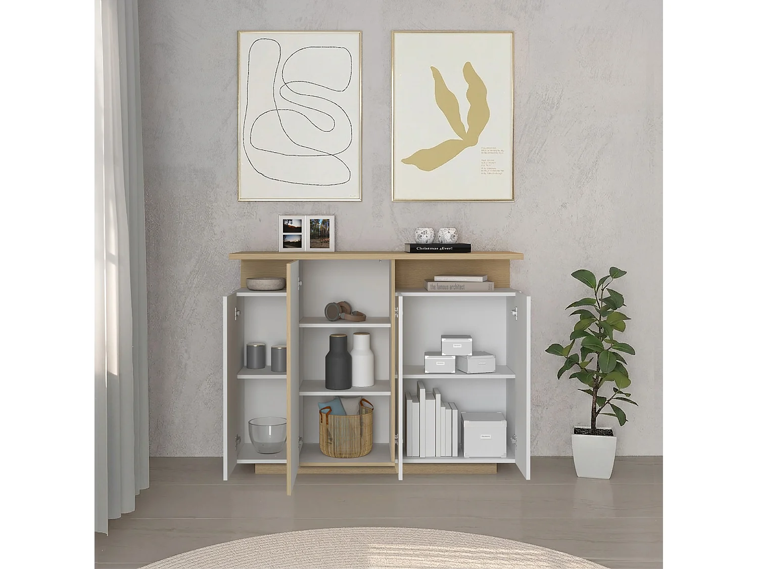 Aparador Ethos de almacenaje 4 puertas y 2 nichos blanco/roble 130x40,2x100 cm