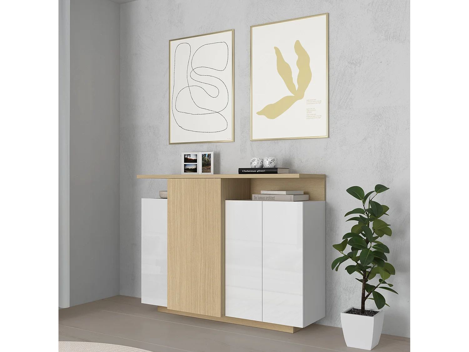 Aparador Ethos de almacenaje 4 puertas y 2 nichos blanco/roble 130x40,2x100 cm