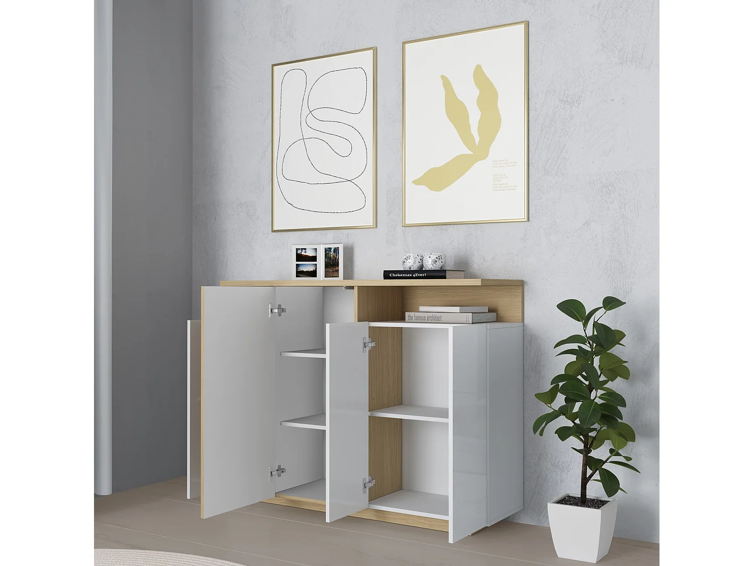 Aparador Ethos de almacenaje 4 puertas y 2 nichos blanco/roble 130x40,2x100 cm