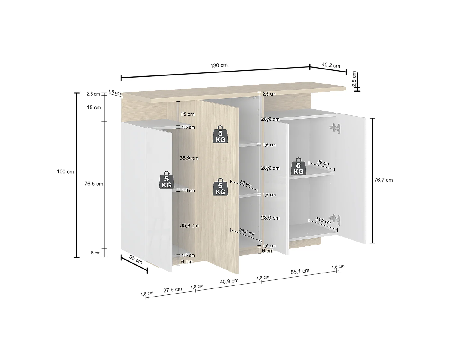 Aparador Ethos de almacenaje 4 puertas y 2 nichos blanco/roble 130x40,2x100 cm