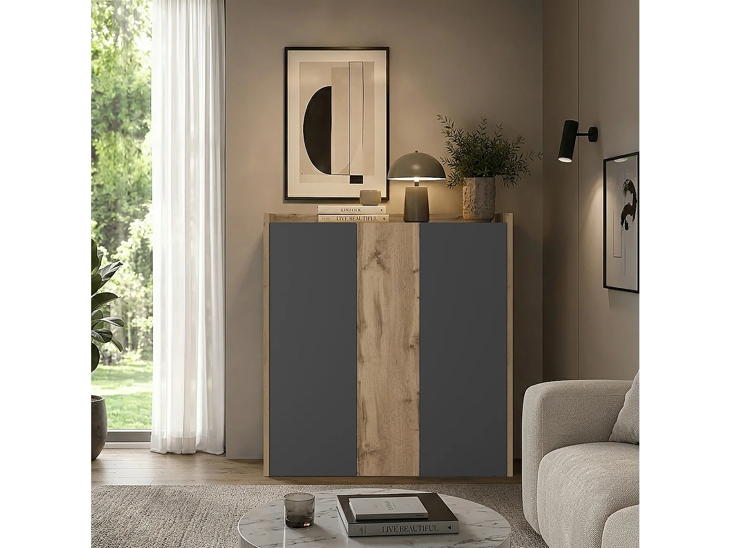 Aparador Altea de salón con 3 puertas antracita/roble oscuro 112,5x40x120 cm