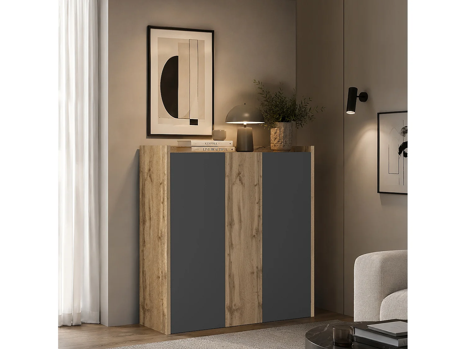 Aparador Altea de salón con 3 puertas antracita/roble oscuro 112,5x40x120 cm