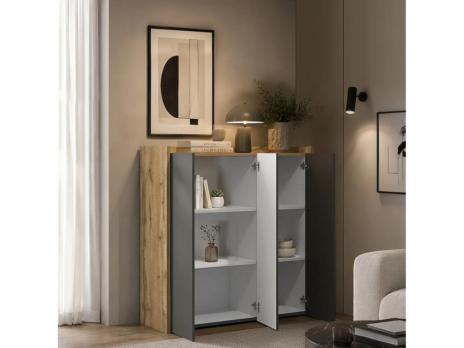 Aparador Altea de salón con 3 puertas antracita/roble oscuro 112,5x40x120 cm