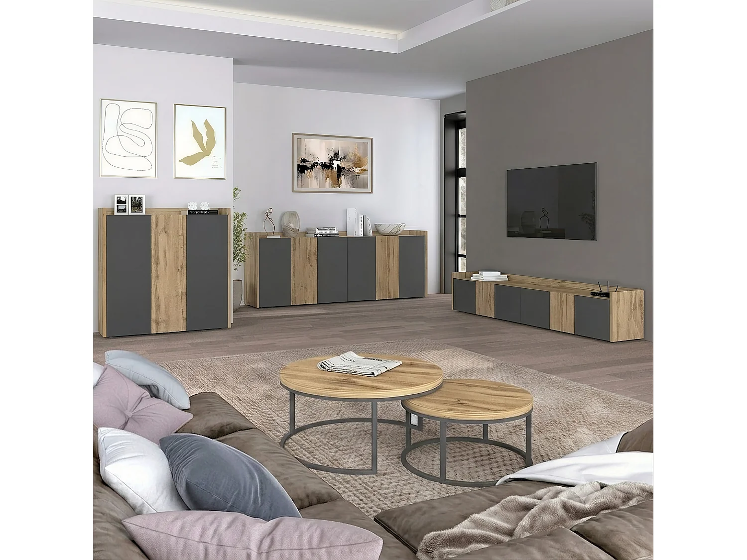 Aparador Altea de salón con 3 puertas antracita/roble oscuro 112,5x40x120 cm