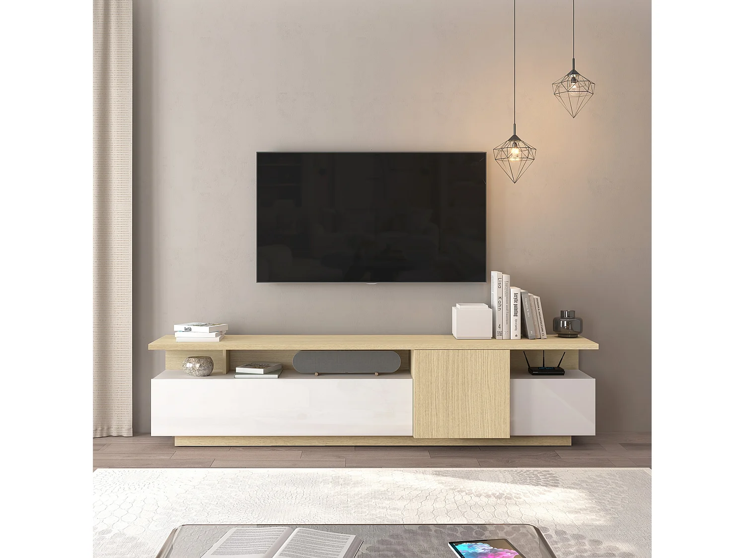 Mueble TV Ethos de salón 3 puertas y 3 nichos blanco/roble claro 210x40x50 cm