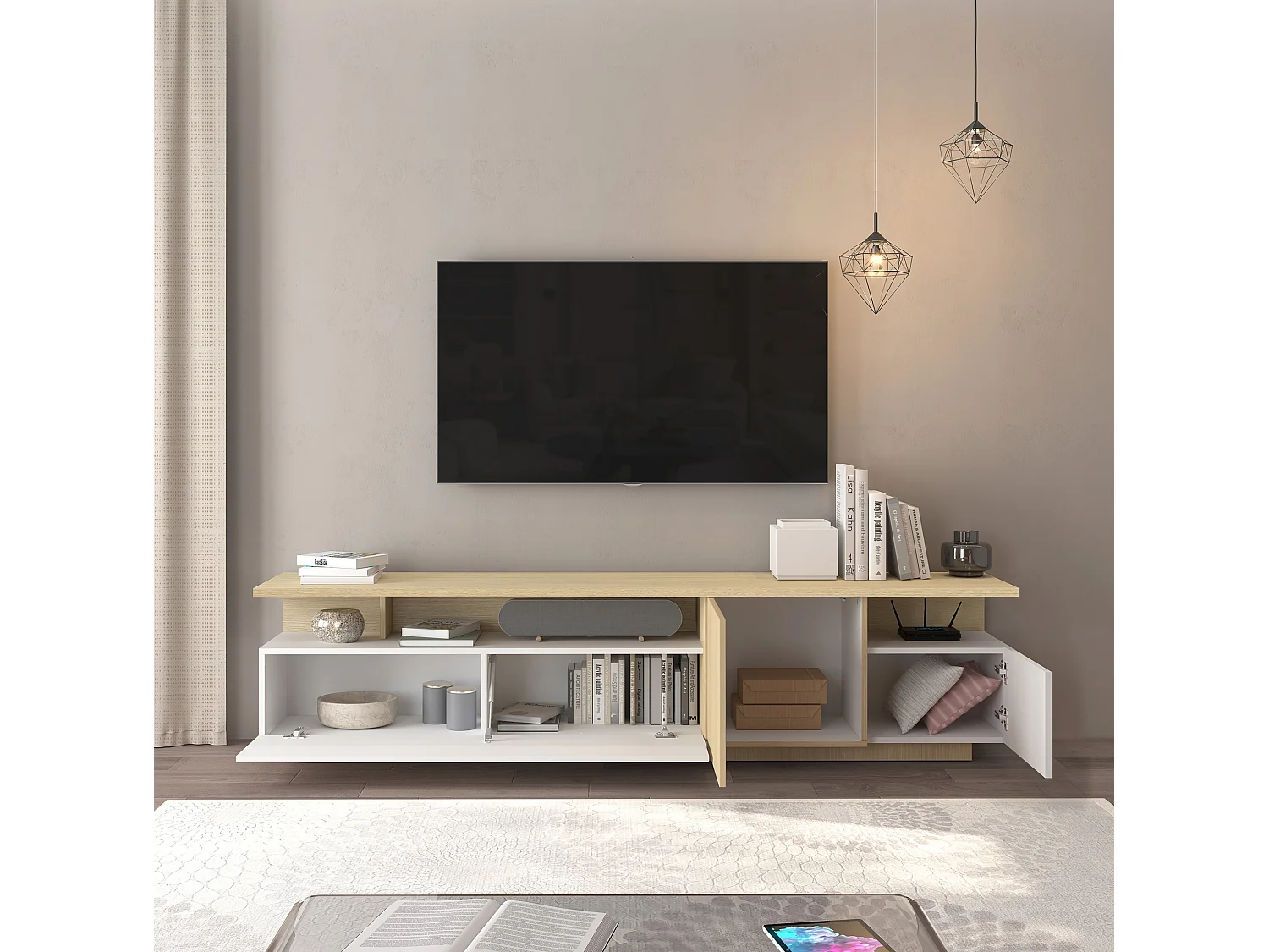 Mueble TV Ethos de salón 3 puertas y 3 nichos blanco/roble claro 210x40x50 cm