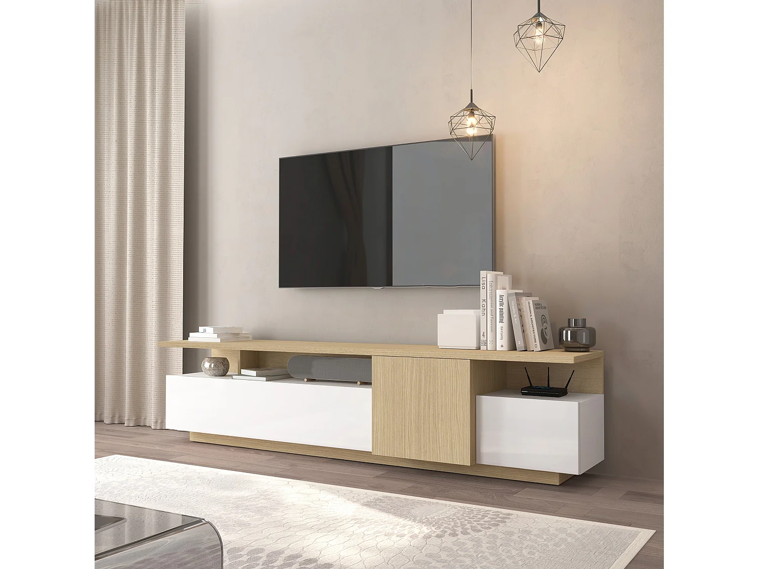 Mueble TV Ethos de salón 3 puertas y 3 nichos blanco/roble claro 210x40x50 cm