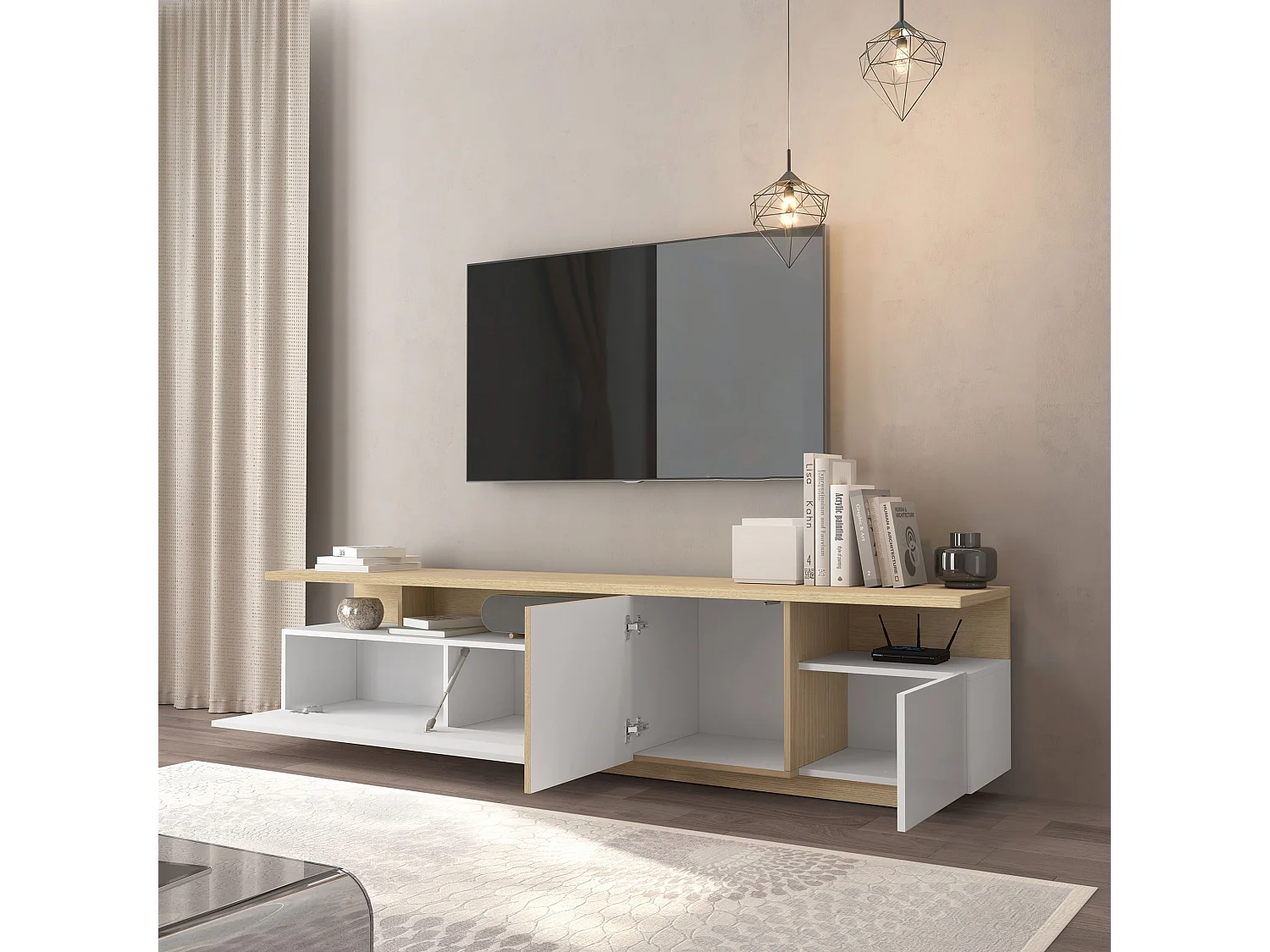 Mueble TV Ethos de salón 3 puertas y 3 nichos blanco/roble claro 210x40x50 cm