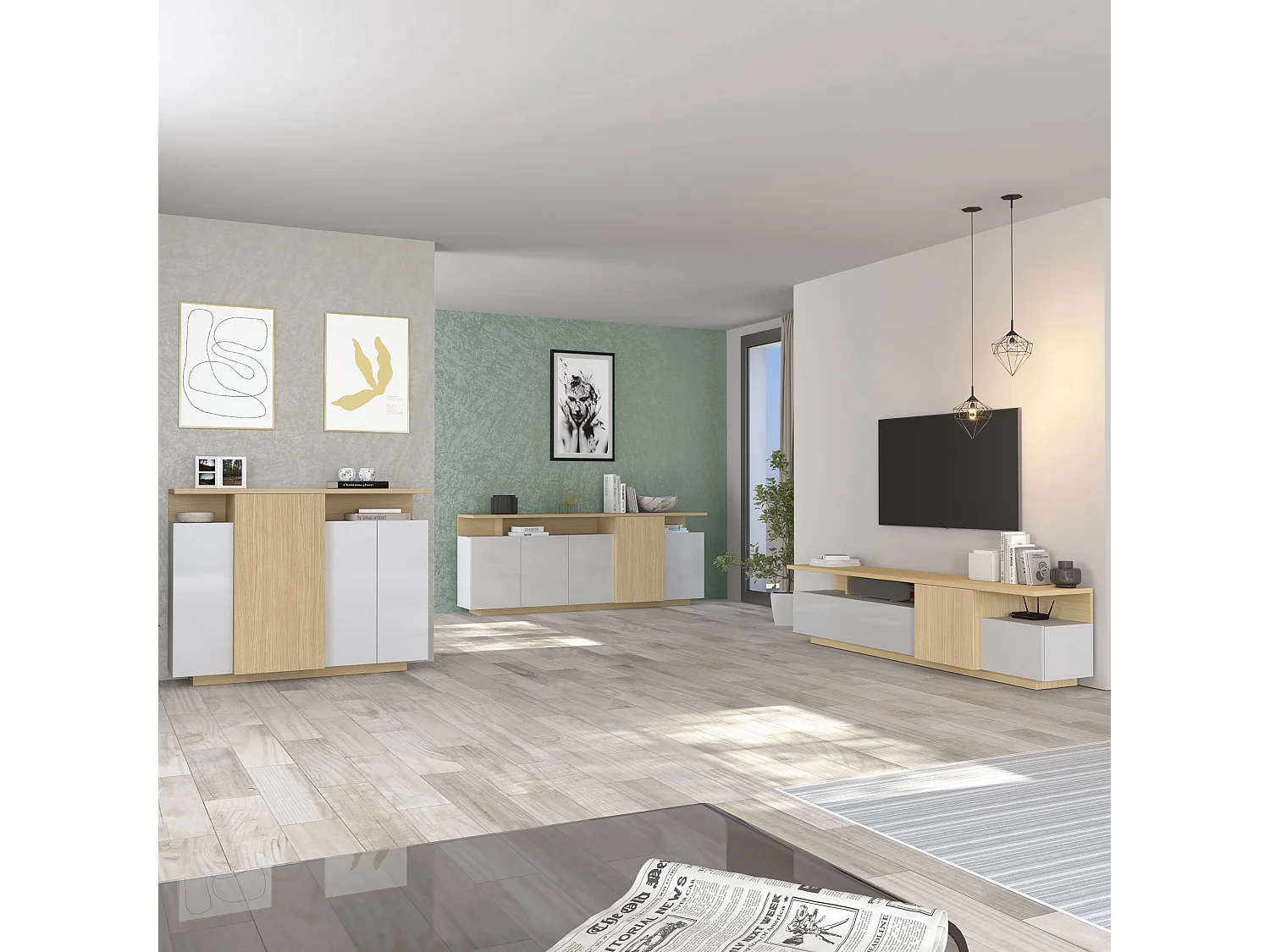 Mueble TV Ethos de salón 3 puertas y 3 nichos blanco/roble claro 210x40x50 cm