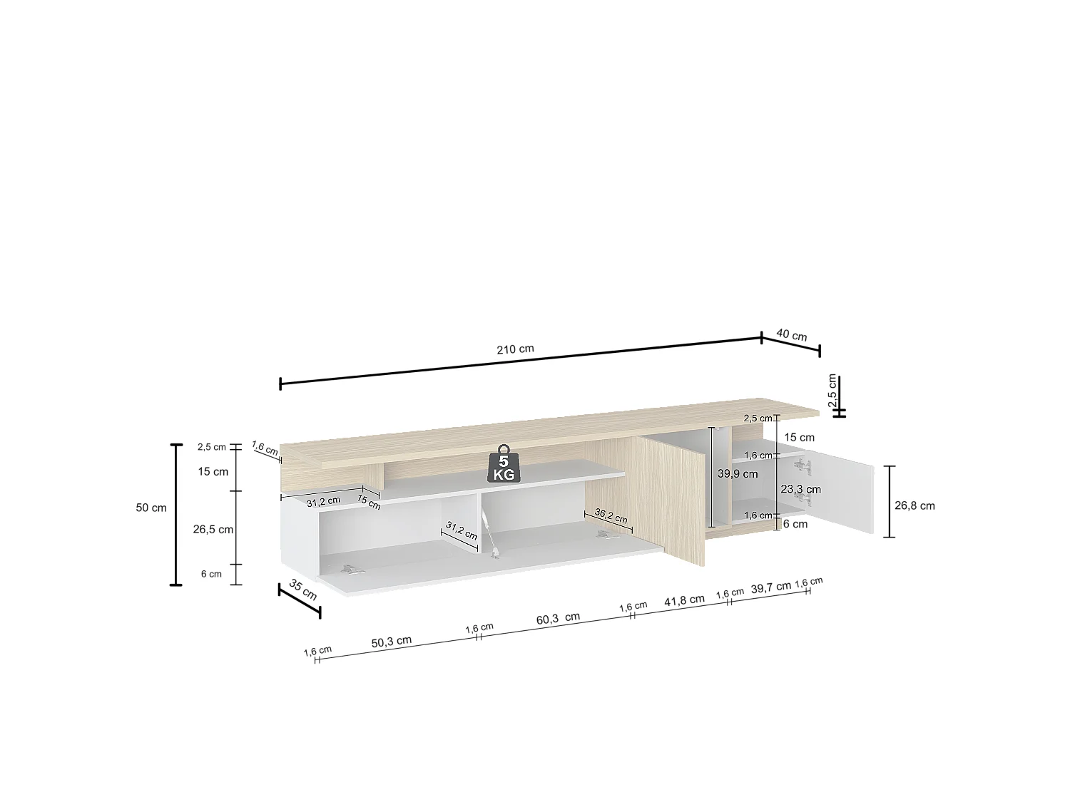 Mueble TV Ethos de salón 3 puertas y 3 nichos blanco/roble claro 210x40x50 cm