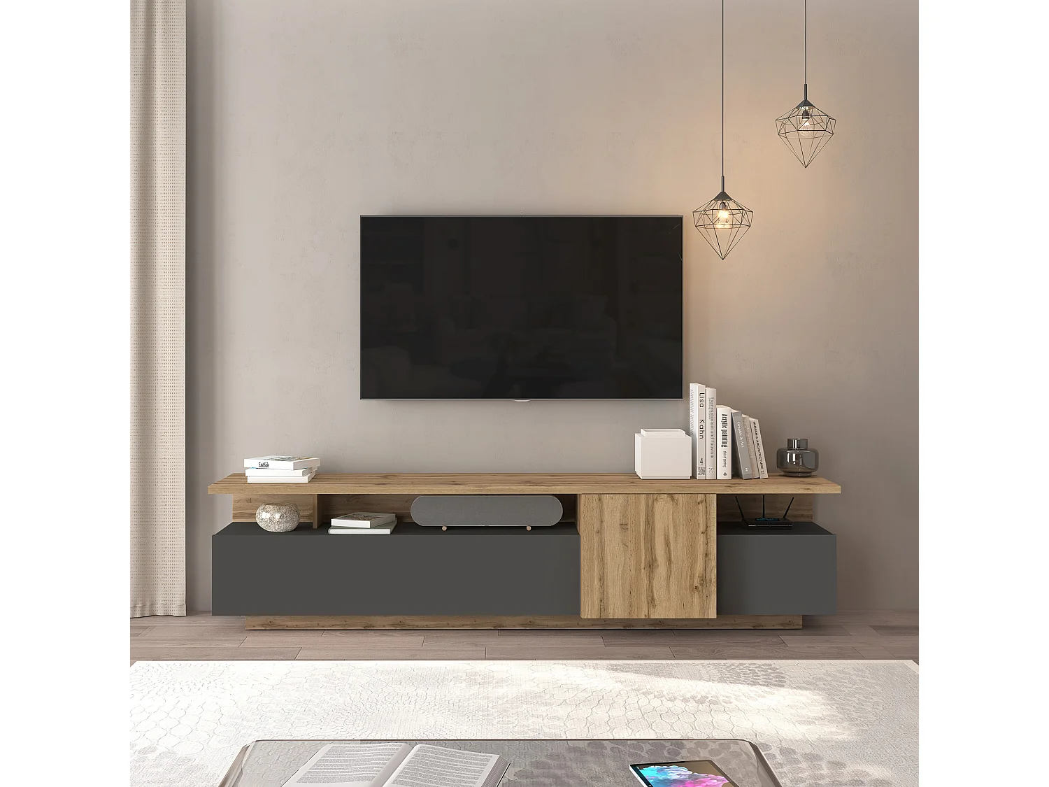 Meuble TV Ethos pour salon 3 portes et 3 niches anthracite mat/chêne foncé 210x40x50 cm