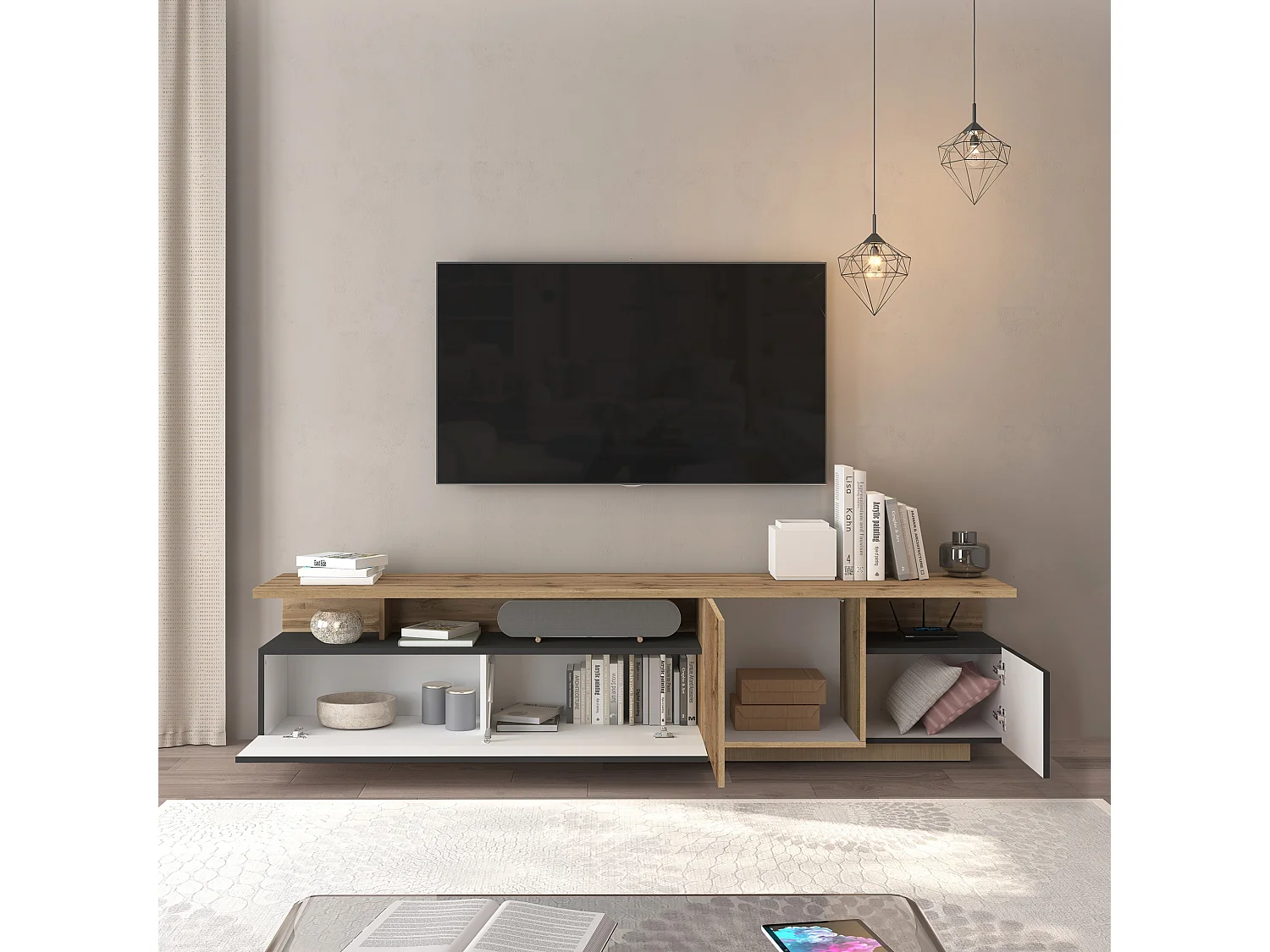 Meuble TV Ethos pour salon 3 portes et 3 niches anthracite mat/chêne foncé 210x40x50 cm