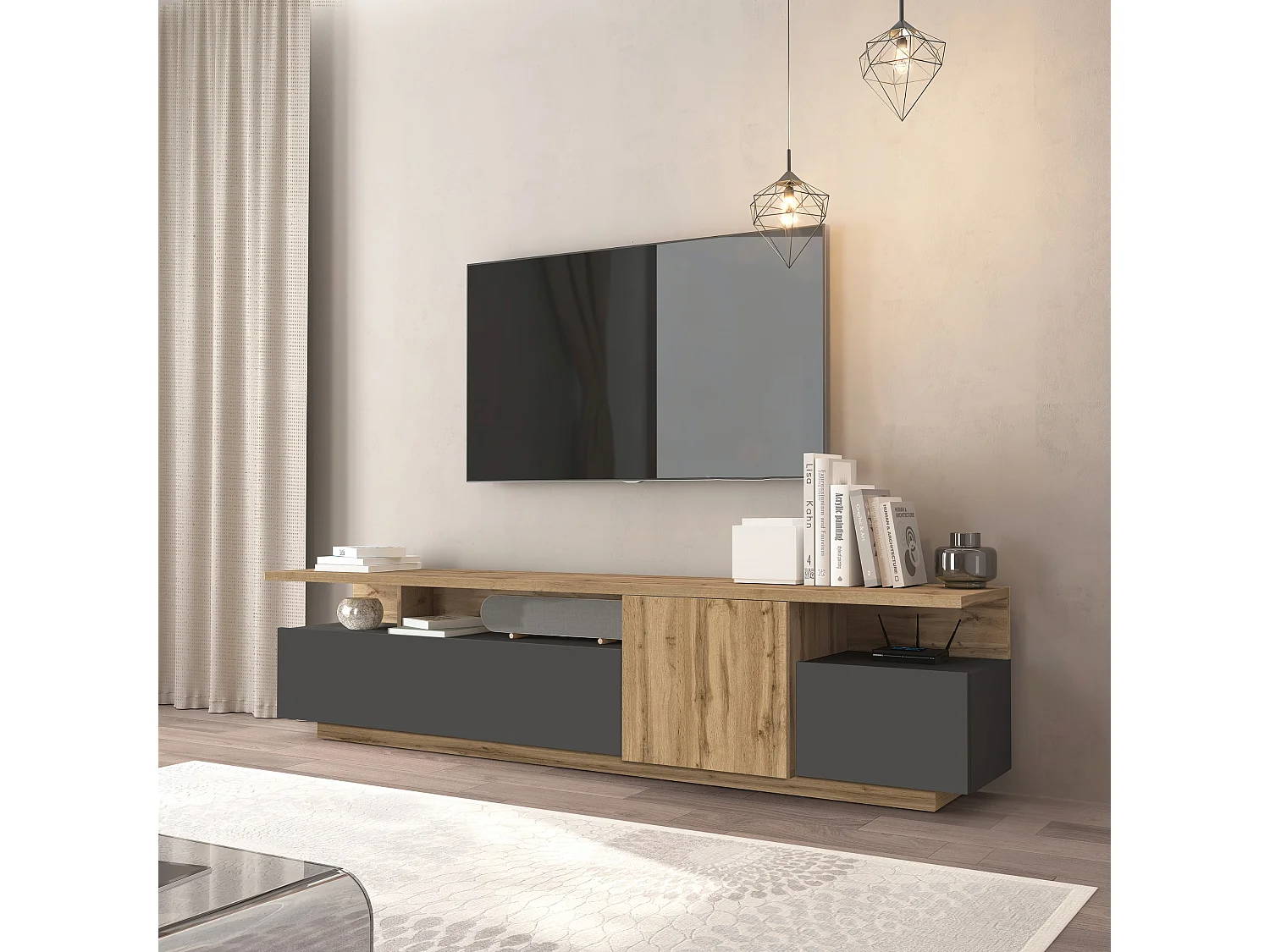 Meuble TV Ethos pour salon 3 portes et 3 niches anthracite mat/chêne foncé 210x40x50 cm