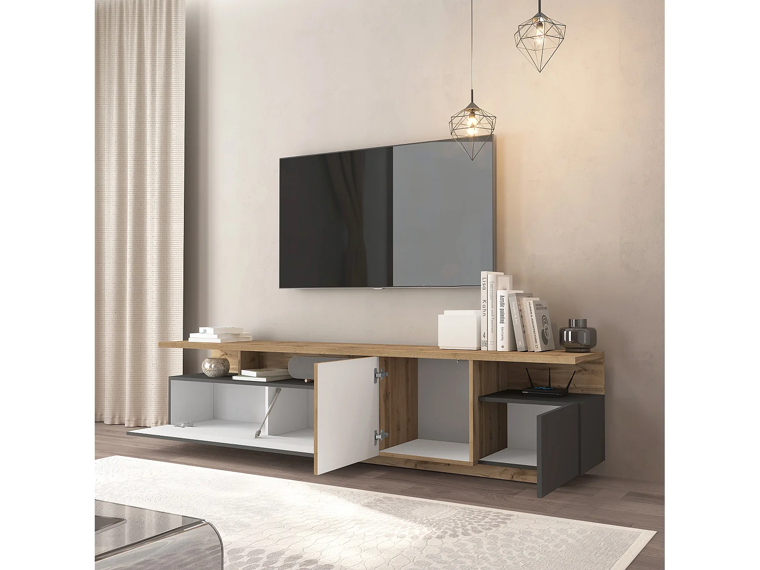 Meuble TV Ethos pour salon 3 portes et 3 niches anthracite mat/chêne foncé 210x40x50 cm