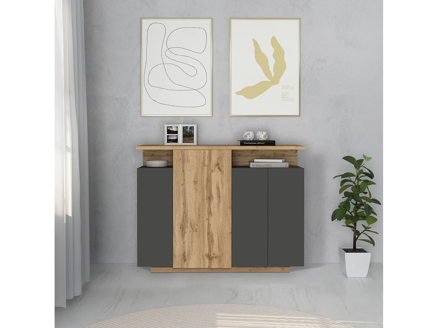 Buffet Ethos de rangement avec 4 portes 2 niches anthracite/chêne foncé 130x40,2x100 cm