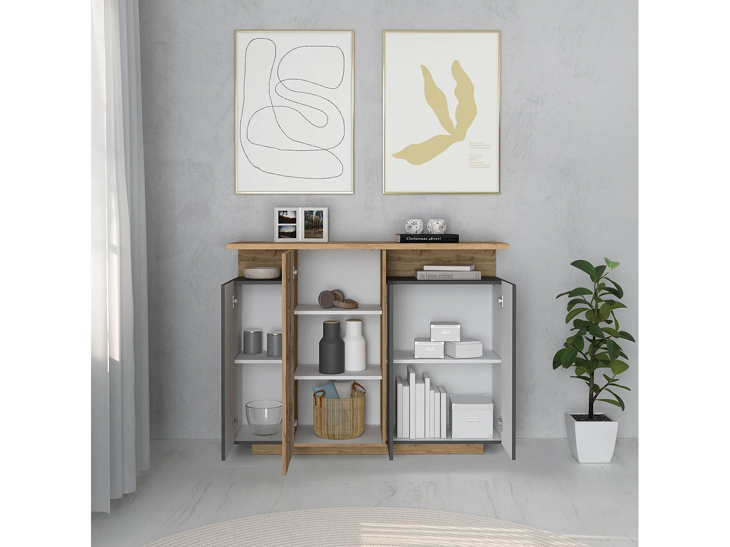 Buffet Ethos de rangement avec 4 portes 2 niches anthracite/chêne foncé 130x40,2x100 cm